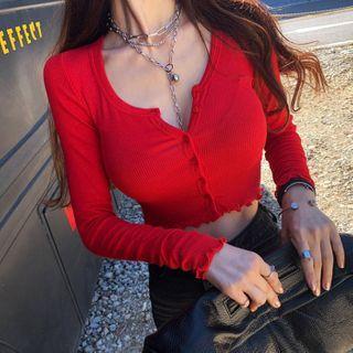 Front Button Frilled Trim Ribbed Cropped Top