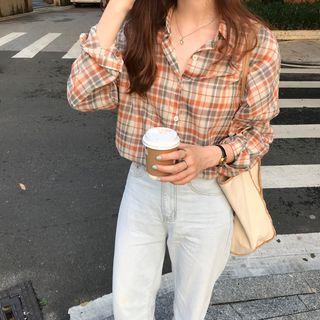 Long-sleeve Plaid Shirt Orange - One Size