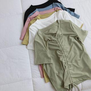 Drawstring Hem Short-sleeve V-neck Top