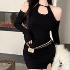 Long-sleeve Plain Hollow Out Slim Fit Halter Knit Bodycon Dress