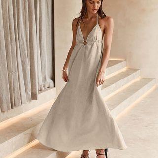 Spaghetti Strap V-neck Open-back Maxi Dress
