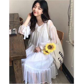 Tiered Long Sleeve Chiffon Midi Dress