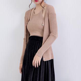 Set: Plain Slim-fit Cardigan + Halter Sleeveless Top Beige - One Size
