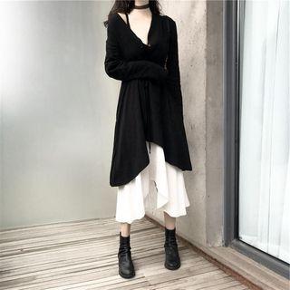 Double Spaghetti-strap Color Block Dress / Long-sleeve Drawstring Plain Cardigan