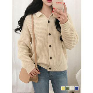 Collared Loose-fit Rib-knit Cardigan