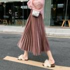 Mesh Panel Velvet Pleated Midi Skirt