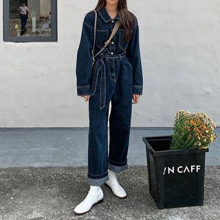 Long Sleeve Straight Leg Denim Jumpsuit