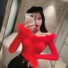 Off-shoulder Long-sleeve Furry Trim Top