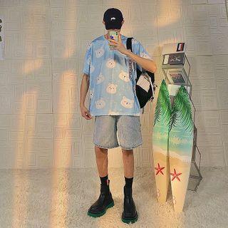 Elbow-sleeve Crew Neck Bear Print Loose Fit T-shirt