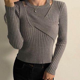 Set: Asymmetrical Ribbed Knit Top + Tank Top