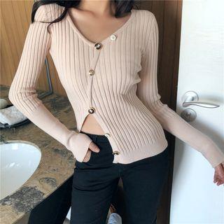 Buttoned V-neck Slit Knit Top