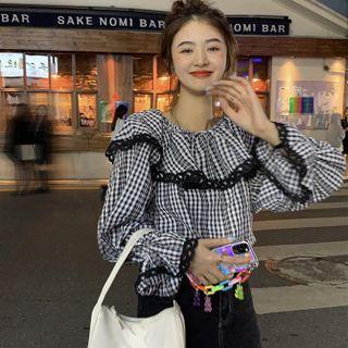 Long-sleeve Check Lace Top As Figure - One Size