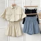 Set: Workwear Loose Shirt + Paperbag High-waist Wide-leg Shorts