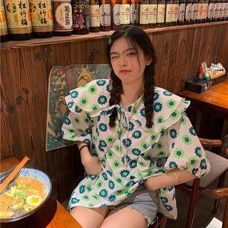 Short-sleeve Floral Print Blouse Green Floral - White - One Size