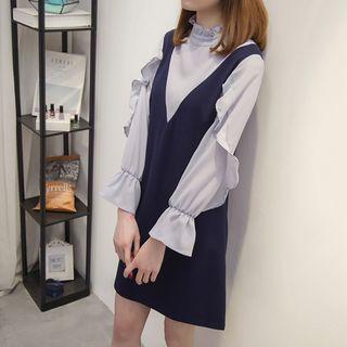 Long-sleeve Frill-trim A-line Mini Dress