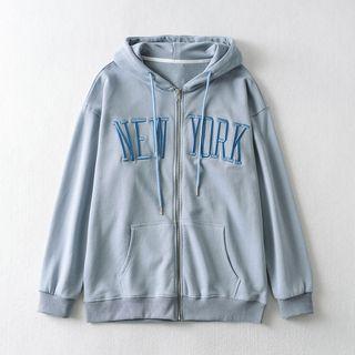 Letter Embroidered Zip-up Hoodie Airy Blue - One Size