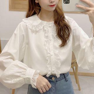 Lace Trim Peter Pan Collar Plain Blouse White - One Size
