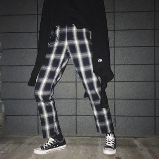 Ring Detail Plaid Casual Cropped Pants