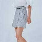 Belt-waist Striped Linen Skirt