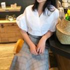Plain V-neck Puff-sleeve Blouse / Asymmetric Plaid Ruffled-trim Skirt