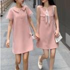 Short-sleeve Lace Trim Polo Shirt Dress / Sleeveless Dress