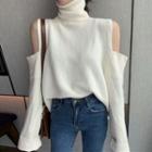 High-neck Off-shoulder Plain Knit Sweater