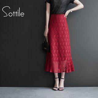 Tie-waist Plain Lace Midi Skirt