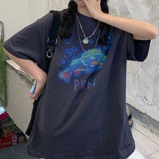 Elbow-sleeve Print T-shirt Charcoal Gray - One Size