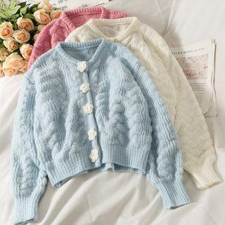 Flower-button Crew-neck Cardigan