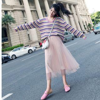 Striped Long-sleeve Knit Top / Mesh Midi A-line Skirt