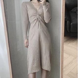 Drawstring V-neck Long Sleeve Knit Dress