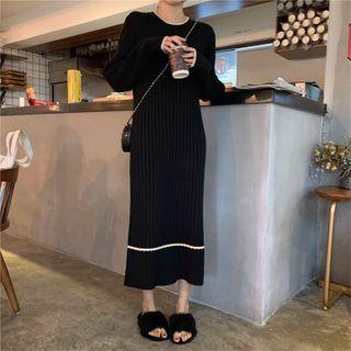 Long-sleeve Round-neck Medium Long Knit Dress Black - One Size