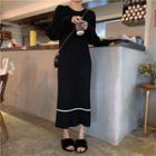 Long-sleeve Round-neck Medium Long Knit Dress Black - One Size
