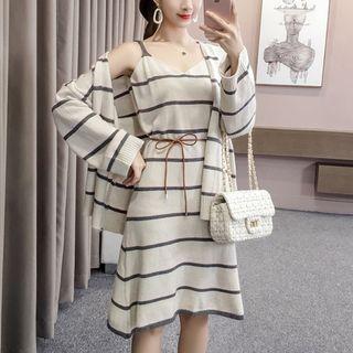 Set: Strappy A-line Knit Dress + Light Jacket With Belt - Dress - Gray & White - One Size / Jacket - Gray & White - One Size