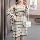Set: Strappy A-line Knit Dress + Light Jacket With Belt - Dress - Gray & White - One Size / Jacket - Gray & White - One Size