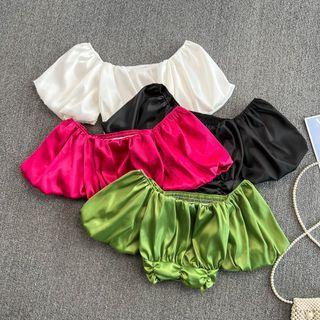 Puff Sleeve Ruched Plain Crop Blouse