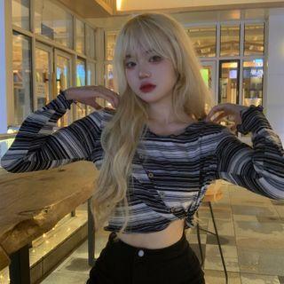 Long-sleeve Striped Asymmetrical Cropped T-shirt