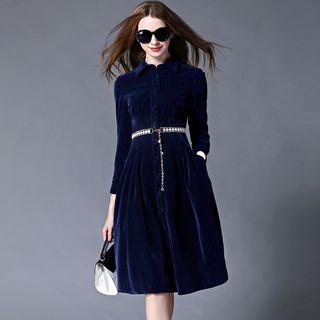 Velvet A-line Shirt Dress With Belt