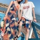 Couple Matching Leaf Print Sleeveless Midi A-line Dress / Short-sleeve T-shirt / Shorts
