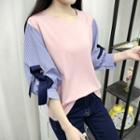 Striped Panel Bow 3/4-sleeve T-shirt