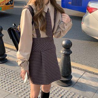 Plaid Overall Dress + Long-sleeve Plain Shirt