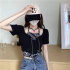 Mock Two-piece Short-sleeve Blouse Black - One Size