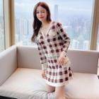 Set: V-neck Check Cardigan + Skirt
