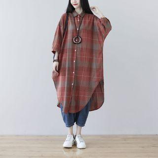 3/4 Sleeve Plaid Shirtdress Red - One Size