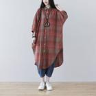 3/4 Sleeve Plaid Shirtdress Red - One Size