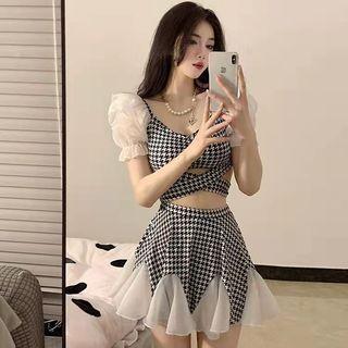 Set: Short-sleeve Houndstooth Tankini Top + Swim Skirt