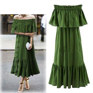 Plain Off Shoulder Ruffle Hem Elbow Sleeve Midi Dress