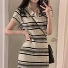 Short-sleeve Striped Knit Midi Dress Black Stripes - Almond - One Size