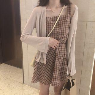 Plaid Tank Top + Plaid Skirt / Knit Cardigan