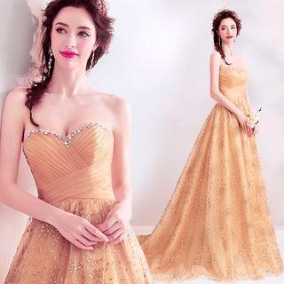 Rhinestone Strapless A-line Evening Gown